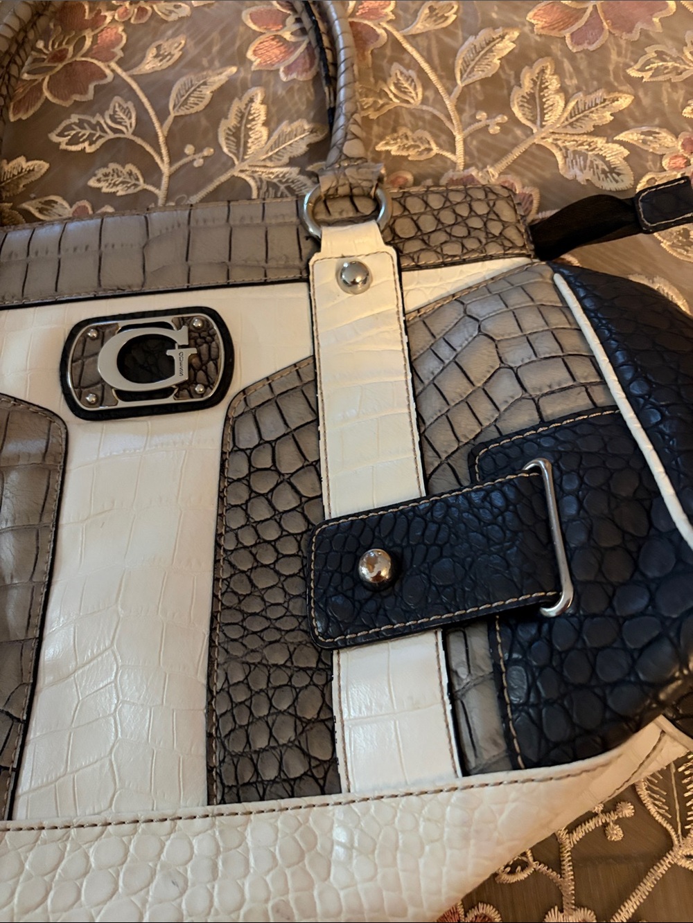 Guess Tri-Tone Faux-Croc Shoulder Bag — Cream, Gray & Black - Picture 12 of 14